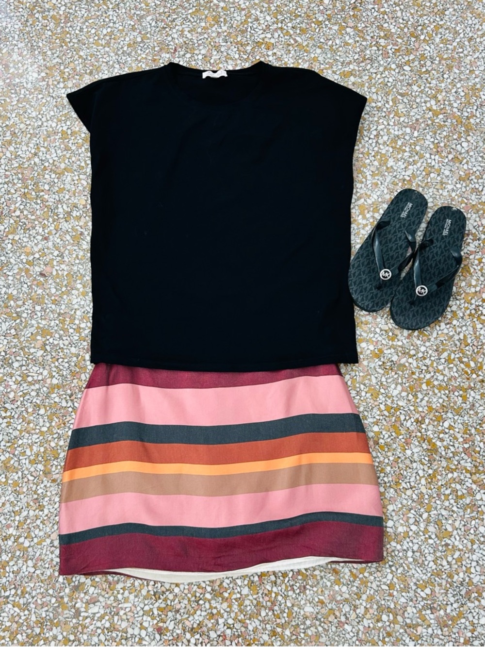 H&M Black Top with Multicolor Striped Skirt